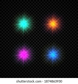 Light effect of lens flares. Set of four green, orange, purple and blue glowing lights starburst effects with sparkles on a dark transparent background. Vector illustration