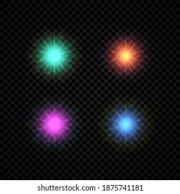 Efecto luminoso de las bengalas de la lente. El conjunto de cuatro luces brillantes verdes, naranjas, violetas y azules tiene efectos de arranque con chispas sobre un fondo transparente oscuro. Ilustración del vector
