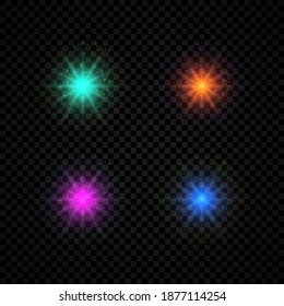 Light effect of lens flares. Set of four green, orange, purple and blue glowing lights starburst effects with sparkles on a dark transparent background. Vector illustration