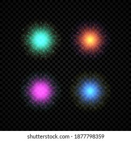 Light effect of lens flares. Set of four green, orange, purple and blue glowing lights starburst effects with sparkles on a dark transparent background. Vector illustration