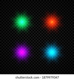 Light effect of lens flares. Set of four green, red, purple and blue glowing lights starburst effects with sparkles on a dark transparent background. Vector illustration