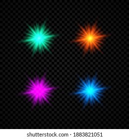 Light effect of lens flares. Set of four green, orange, purple and blue glowing lights starburst effects with sparkles on a dark transparent background. Vector illustration