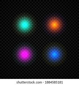 Light effect of lens flares. Set of four green, orange, purple and blue glowing lights starburst effects with sparkles on a dark transparent background. Vector illustration