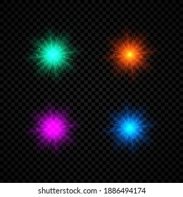 Light effect of lens flares. Set of four green, orange, purple and blue glowing lights starburst effects with sparkles on a dark transparent background. Vector illustration