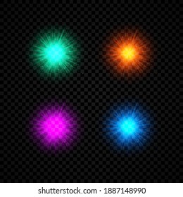 Light effect of lens flares. Set of four green, orange, purple and blue glowing lights starburst effects with sparkles on a dark transparent background. Vector illustration