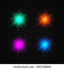Light effect of lens flares. Set of four green, orange, purple and blue glowing lights starburst effects with sparkles on a dark transparent background. Vector illustration