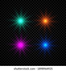 Light effect of lens flares. Set of four green, orange, purple and blue glowing lights starburst effects with sparkles on a dark transparent background. Vector illustration