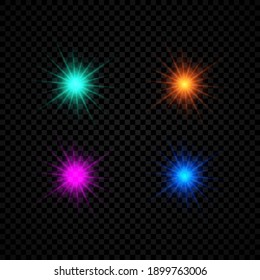 Effet de lumière des éruptions de lentilles. Ensemble de quatre effets d'éclatement de lumières vertes, orange, violet et et bleues brillants avec des éclats de lumières sur fond noir et transparent. Illustration vectorielle