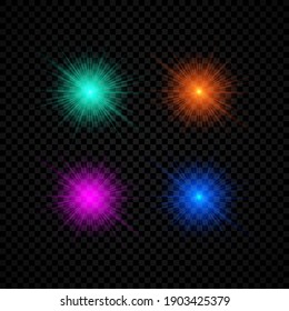Lichteffekt der Linsenfackel. Eine Reihe von vier grünen, orangefarbenen, violetten und blauen Lichtern, die auf dunkeltransparentem Hintergrund strahlend wirken. Vektorgrafik