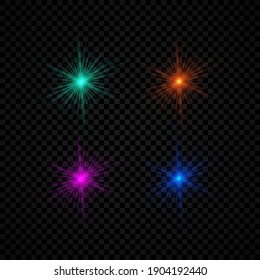 Light effect of lens flares. Set of four green, orange, purple and blue glowing lights starburst effects with sparkles on a dark transparent background. Vector illustration