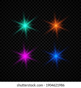 Light effect of lens flares. Set of four green, orange, purple and blue glowing lights starburst effects with sparkles on a dark transparent background. Vector illustration