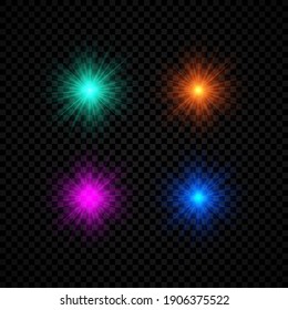 Effet de lumière des éruptions de lentilles. Ensemble de quatre effets d'éclatement de lumières vertes, orange, violet et et bleues brillants avec des éclats de lumières sur fond noir et transparent. Illustration vectorielle