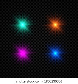Light effect of lens flares. Set of four green, orange, purple and blue glowing lights starburst effects with sparkles on a dark transparent background. Vector illustration