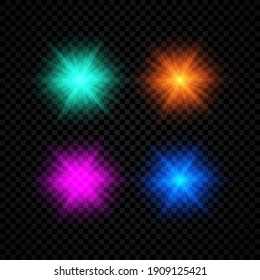 Effet de lumière des éruptions de lentilles. Ensemble de quatre effets d'éclatement de lumières vertes, orange, violet et et bleues brillants avec des éclats de lumières sur fond noir et transparent. Illustration vectorielle
