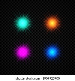 Effet de lumière des éruptions de lentilles. Ensemble de quatre effets d'éclatement de lumières vertes, orange, violet et et bleues brillants avec des éclats de lumières sur fond noir et transparent. Illustration vectorielle