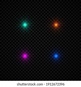 Light effect of lens flares. Set of four green, orange, purple and blue glowing lights starburst effects with sparkles on a dark transparent background. Vector illustration
