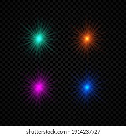 Effet de lumière des éruptions de lentilles. Ensemble de quatre effets d'éclatement de lumières vertes, orange, violet et et bleues brillants avec des éclats de lumières sur fond noir et transparent. Illustration vectorielle