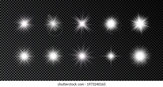 Light effect of lens flares. Set of ten white glowing lights starburst effects with sparkles on a dark transparent background. Vector illustration