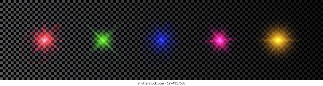Light effect of lens flares. Set of five multicolor glowing lights starburst effects with sparkles on a dark transparent background. Vector illustration