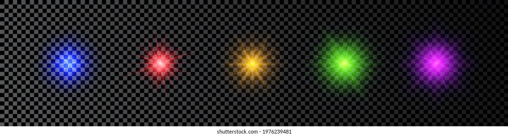 Light effect of lens flares. Set of five multicolor glowing lights starburst effects with sparkles on a dark transparent background. Vector illustration
