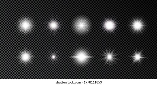 Light effect of lens flares. Set of ten white glowing lights starburst effects with sparkles on a dark transparent background. Vector illustration