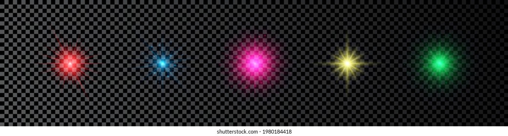 Light effect of lens flares. Set of five multicolor glowing lights starburst effects with sparkles on a dark transparent background. Vector illustration