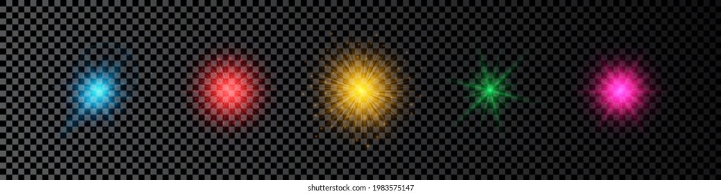 Light effect of lens flares. Set of five multicolor glowing lights starburst effects with sparkles on a dark transparent background. Vector illustration