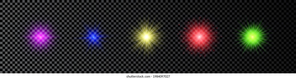 Light effect of lens flares. Set of five multicolor glowing lights starburst effects with sparkles on a dark transparent background. Vector illustration