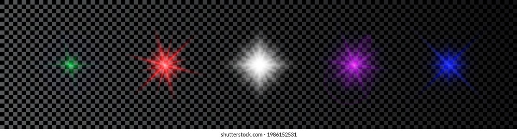 Light effect of lens flares. Set of five multicolor glowing lights starburst effects with sparkles on a dark transparent background. Vector illustration