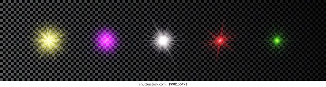 Light effect of lens flares. Set of five multicolor glowing lights starburst effects with sparkles on a dark transparent background. Vector illustration