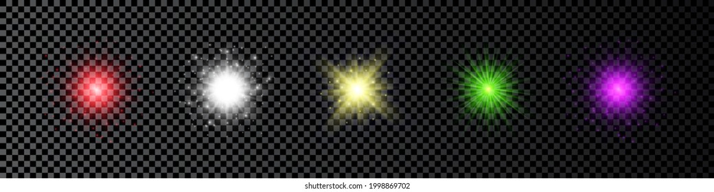 Efecto luminoso de las bengalas de la lente. Conjunto de cinco luces multicolor brillantes efecto de arranque con destellos sobre un fondo transparente oscuro. Ilustración del vector