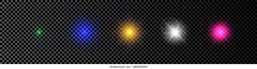 Light effect of lens flares. Set of five multicolor glowing lights starburst effects with sparkles on a dark transparent background. Vector illustration