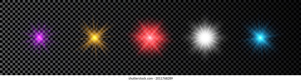 Light effect of lens flares. Set of five multicolor glowing lights starburst effects with sparkles on a dark transparent background. Vector illustration