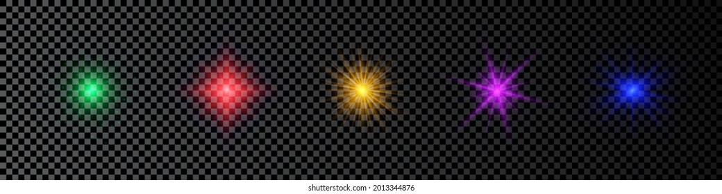 Light effect of lens flares. Set of five multicolor glowing lights starburst effects with sparkles on a dark transparent background. Vector illustration