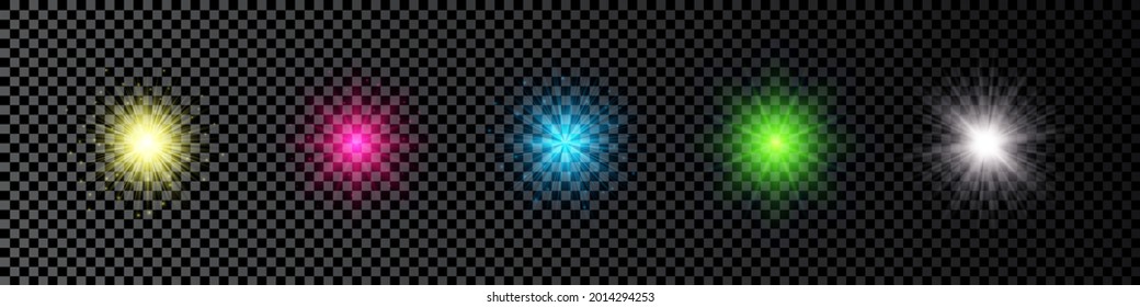 Light effect of lens flares. Set of five multicolor glowing lights starburst effects with sparkles on a dark transparent background. Vector illustration