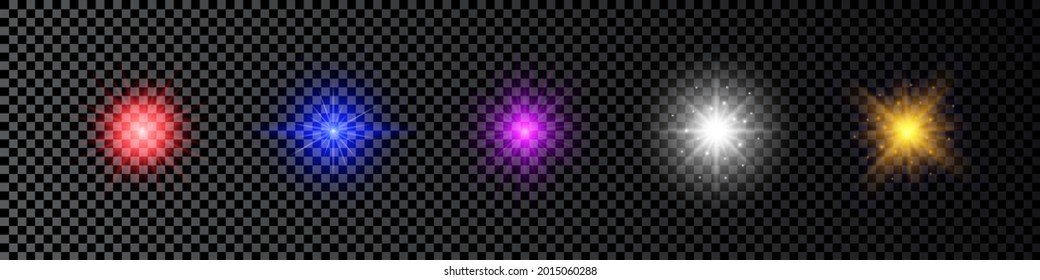 Light effect of lens flares. Set of five multicolor glowing lights starburst effects with sparkles on a dark transparent background. Vector illustration