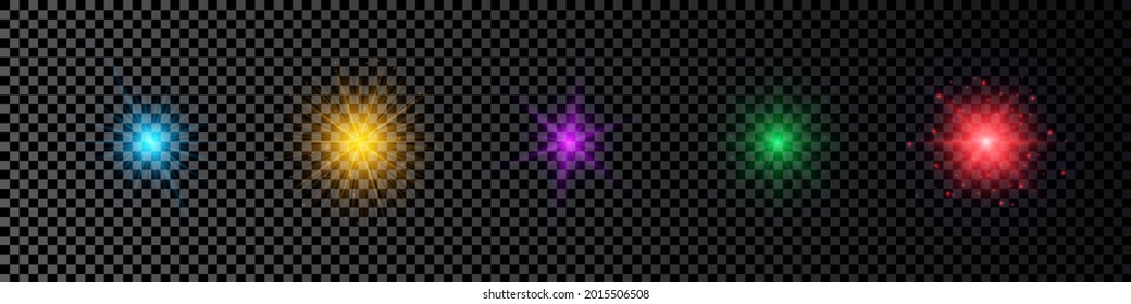 Light effect of lens flares. Set of five multicolor glowing lights starburst effects with sparkles on a dark transparent background. Vector illustration