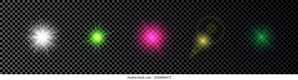 Light effect of lens flares. Set of five multicolor glowing lights starburst effects with sparkles on a dark transparent background. Vector illustration