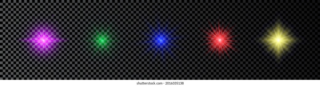 Light effect of lens flares. Set of five multicolor glowing lights starburst effects with sparkles on a dark transparent background. Vector illustration