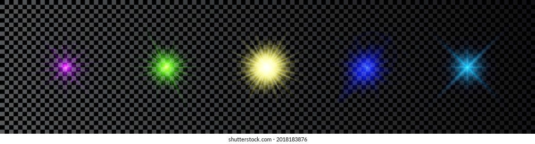Light effect of lens flares. Set of five multicolor glowing lights starburst effects with sparkles on a dark transparent background. Vector illustration