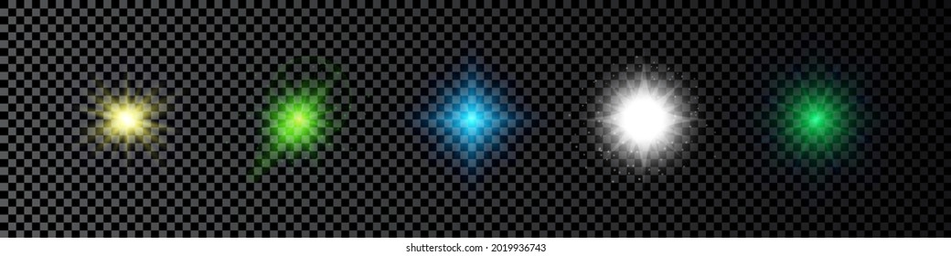 Light effect of lens flares. Set of five multicolor glowing lights starburst effects with sparkles on a dark transparent background. Vector illustration