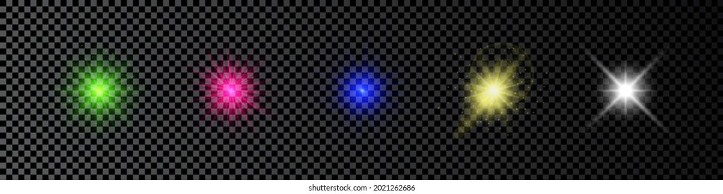 Light effect of lens flares. Set of five multicolor glowing lights starburst effects with sparkles on a dark transparent background. Vector illustration