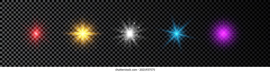 Light effect of lens flares. Set of five multicolor glowing lights starburst effects with sparkles on a dark transparent background. Vector illustration