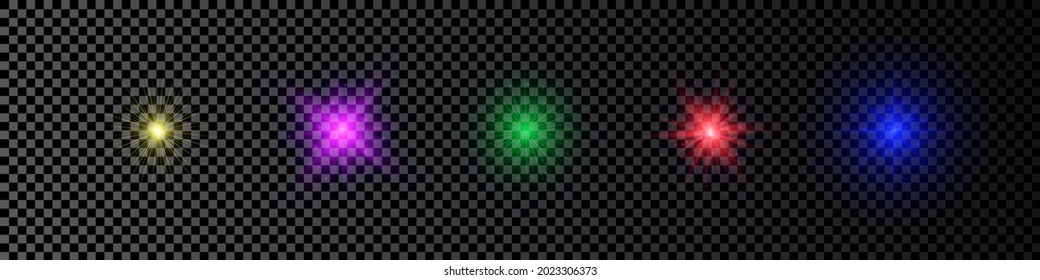 Light effect of lens flares. Set of five multicolor glowing lights starburst effects with sparkles on a dark transparent background. Vector illustration