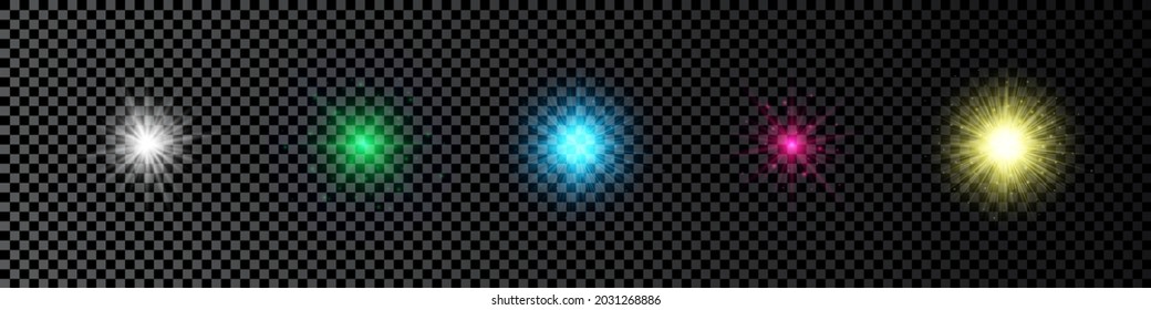 Light effect of lens flares. Set of five multicolor glowing lights starburst effects with sparkles on a dark transparent background. Vector illustration