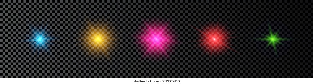 Light effect of lens flares. Set of five multicolor glowing lights starburst effects with sparkles on a dark transparent background. Vector illustration