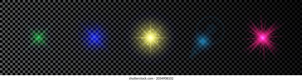 Light effect of lens flares. Set of five multicolor glowing lights starburst effects with sparkles on a dark transparent background. Vector illustration