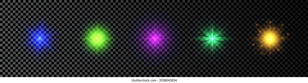 Light effect of lens flares. Set of five multicolor glowing lights starburst effects with sparkles on a dark transparent background. Vector illustration