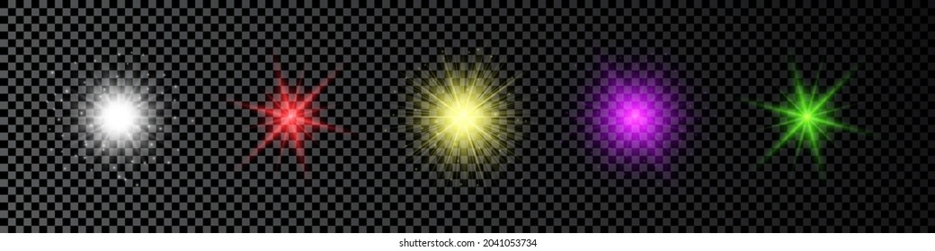 Efecto luminoso de las bengalas de la lente. Conjunto de cinco luces multicolor brillantes efecto de arranque con destellos sobre un fondo transparente oscuro. Ilustración del vector