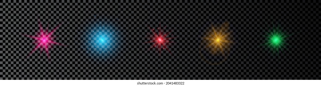 Light effect of lens flares. Set of five multicolor glowing lights starburst effects with sparkles on a dark transparent background. Vector illustration
